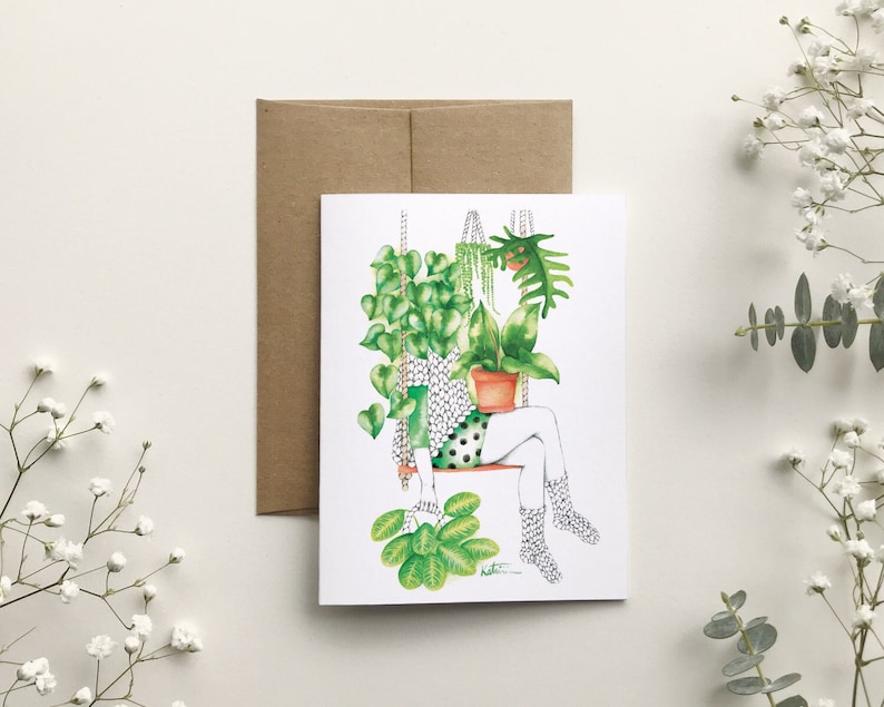 Carte de souhait femme passionnée de plantes d'intérieur, carte de voeux botanique, illustration aquarelle, anniversaire, Katrinn Pelletier Bild 1