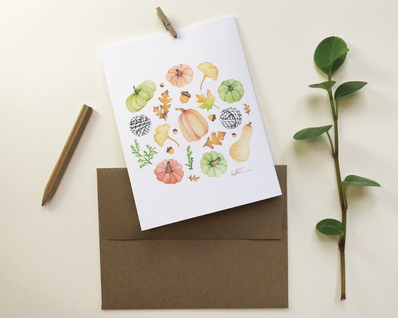 Carte de voeux citrouille automne | carte de souhait laine courges | Halloween | feuilles | Dessin aquarelle | Katrinn pelletier image 8