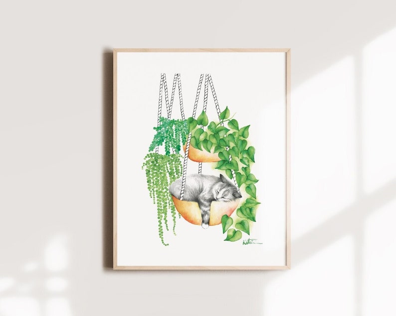 Sleeping cat poster, indoor plants, animal portrait illustration, kitten watercolor art, drawing, wall decoration, Katrinn Pelletier image 1