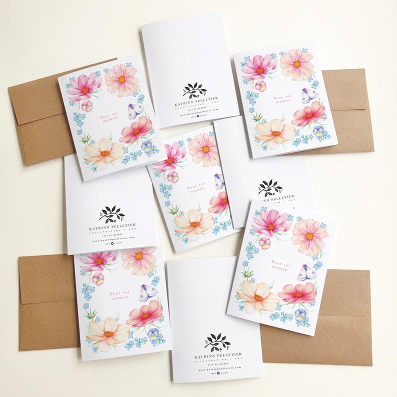 Mother's Day greeting card, "For you mom" greeting card, watercolor illustration of cosmos flowers and butterfly, Katrinn Pelletier image 4