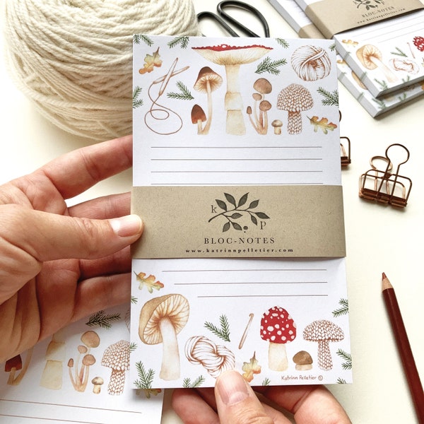 Wild autumn mushroom notepad, recycled paper stationery, crochet wool knitting, planner, to do list, Katrinn Pelletier