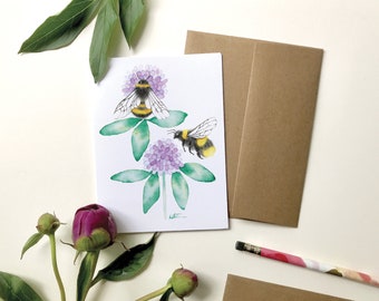 Carte de voeux fleurs de trèfle et bourdons, carte de souhait Illustration florale, art aquarelle, dessin botanique, Katrinn Pelletier