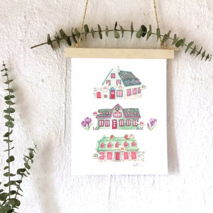 Poster 3 houses rainbow flowers / illustration It will be fine / watercolor / Wall decoration / children&#39;s room / Katrinn Pelletier