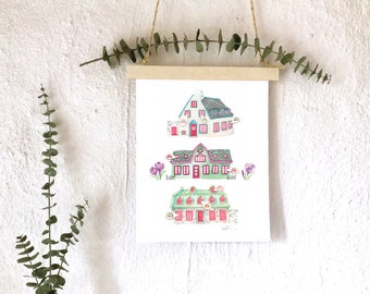 Poster 3 houses rainbow flowers / illustration It will be fine / watercolor / Wall decoration / children's room / Katrinn Pelletier