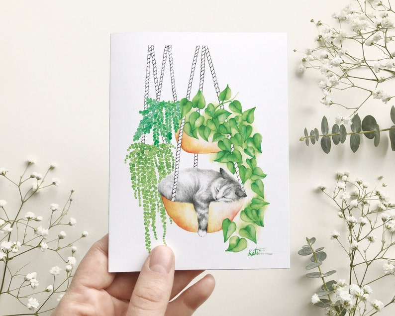 Carte de souhait chat qui dort, carte de voeux chaton plantes d'intérieur , illustration animal, botanique, anniversaire, Katrinn Pelletier imagem 3
