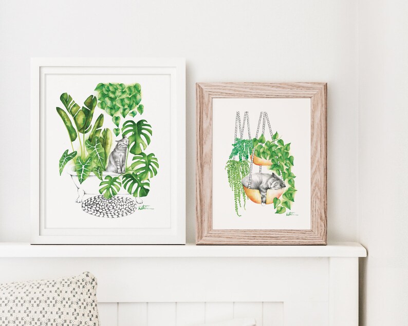 Cat poster, indoor jungle plants, botanical illustration, kitten watercolor art, gift drawing, wall decoration, Katrinn Pelletier image 3