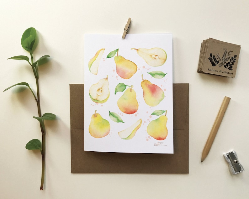 Carte de voeux motif fruité poires | carte de souhait fruit | fêtes anniversaire | cadeau culinaire | Dessin aquarelle | Katrinn pelletier Bild 1