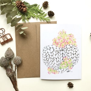 Carte de voeux coeur de laine / fleurs hydrangées / Carte de souhait / aquarelle graphite / Carte sans texte / Katrinn Pelletier