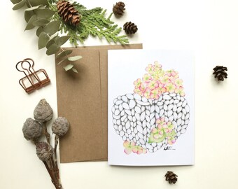 Carte de voeux coeur de laine / fleurs hydrangées / Carte de souhait / aquarelle graphite / Carte sans texte / Katrinn Pelletier