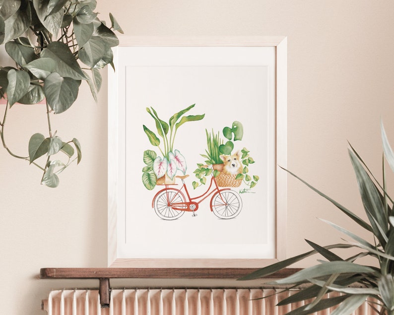 Affiche vélo plantes d'intérieur et chien, illustration petit Corgi , animal, art aquarelle, dessin, décoration murale, Katrinn Pelletier image 3