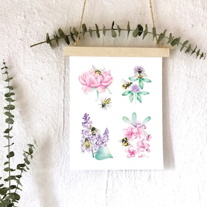 Illustration de fleurs du Québec butinées par des abeilles et bourdons  / Affiche 8 x 10 Art florale / dessin aquarelle  / Katrinn Pelletier