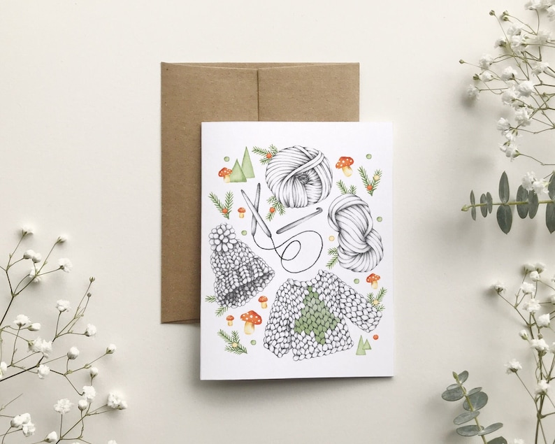 Carte de Noël tricots sapins champignons , illustration laine chandail tuque, carte de voeux des fêtes, papeterie, Québec, Katrinn Pelletier image 1