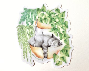 Sleeping cat vinyl sticker, indoor plant sticker, botanical illustration, plant lover, pastel watercolor, Katrinn Pelletier