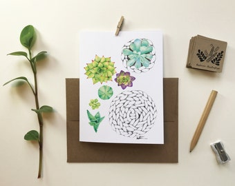 Carte de voeux minis plantes succulentes / Carte de souhait dessin plante / Illustration plante et macramé / Aquarelle / Katrinn Pelletier