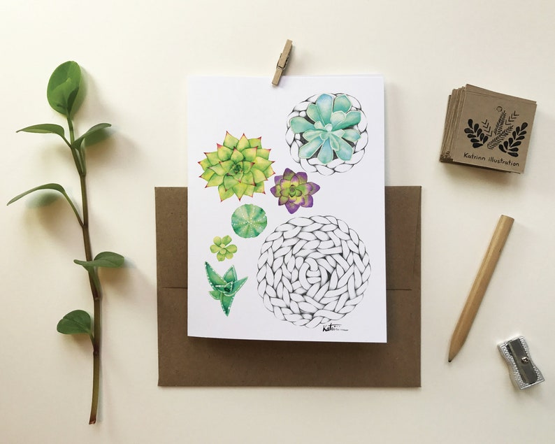 Carte de voeux minis plantes succulentes / Carte de souhait dessin plante / Illustration plante et macramé / Aquarelle / Katrinn Pelletier zdjęcie 1