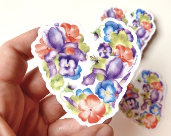 Heart of flowers sticker, vinyl sticker, floral illustration, botanical art, geranium, iris, pansy, stationery, Katrinn Pelletier