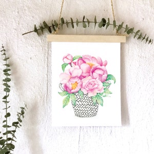 Illustration panier pivoines / Affiche 8 x 10 pouces bouquet de fleurs / dessin aquarelle style Boho / oeuvre de Katrinn Pelletier