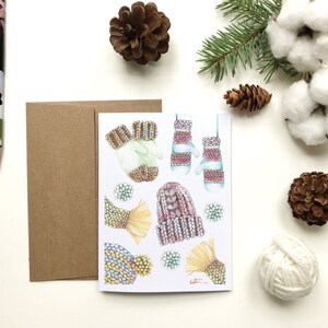 Carte de voeux laine / tricot rose jaune / tuques mitaines foulards / Carte de souhait / aquarelle / Carte sans texte / Katrinn Pelletier image 2