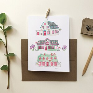 Carte de souhait 3 maisons fleurs arc-en-ciel, illustration aquarelle crayon, carte de voeux, carte sans texte, Canada, Katrinn Pelletier afbeelding 5