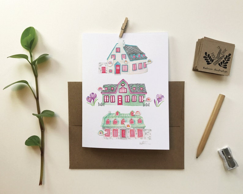 Carte de souhait 3 maisons fleurs arc-en-ciel, illustration aquarelle crayon, carte de voeux, carte sans texte, Canada, Katrinn Pelletier afbeelding 5
