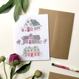 Greeting card 3 rainbow flower houses, watercolor pencil illustration, greeting card, no text card, Canada, Katrinn Pelletier