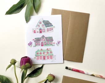 Greeting card 3 rainbow flower houses, watercolor pencil illustration, greeting card, no text card, Canada, Katrinn Pelletier