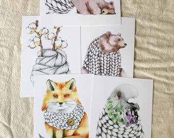 set of 5 cotton illustrations, knitting wool, pigeon, bear, fox, clearance, 5 x 7 inches, Katrinn Pelletier
