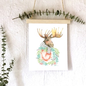 Moose and Christmas Wreath Poster / Animal watercolor illustration / Drawing reproduction 8 x 10 and 5 x 7 inches / Katrinn Pelletier