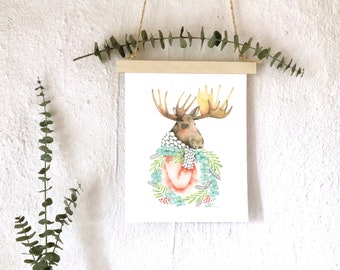 Moose and Christmas Wreath Poster / Animal watercolor illustration / Drawing reproduction 8 x 10 and 5 x 7 inches / Katrinn Pelletier