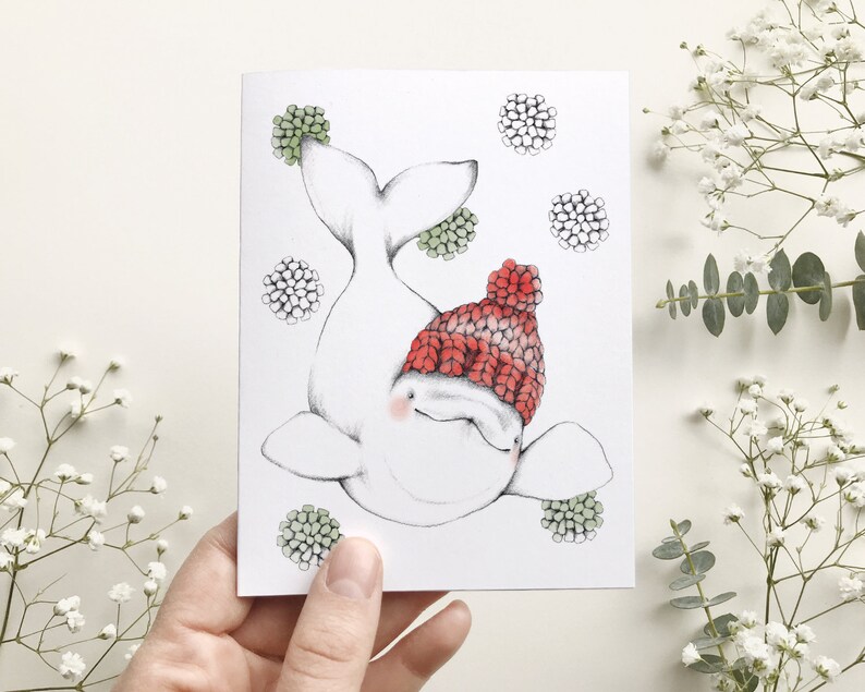 Carte de souhait béluga aux pompons, illustration baleine tricot laine, carte de voeux fêtes, dessin aquarelle noël, Katrinn Pelletier zdjęcie 2