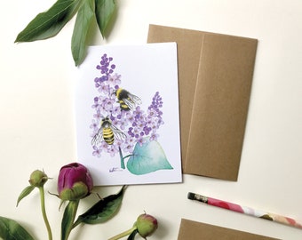 Lilac flower greeting card, bee and bumblebee greeting card, floral art illustration, watercolor drawing, without message, Katrinn Pelletier