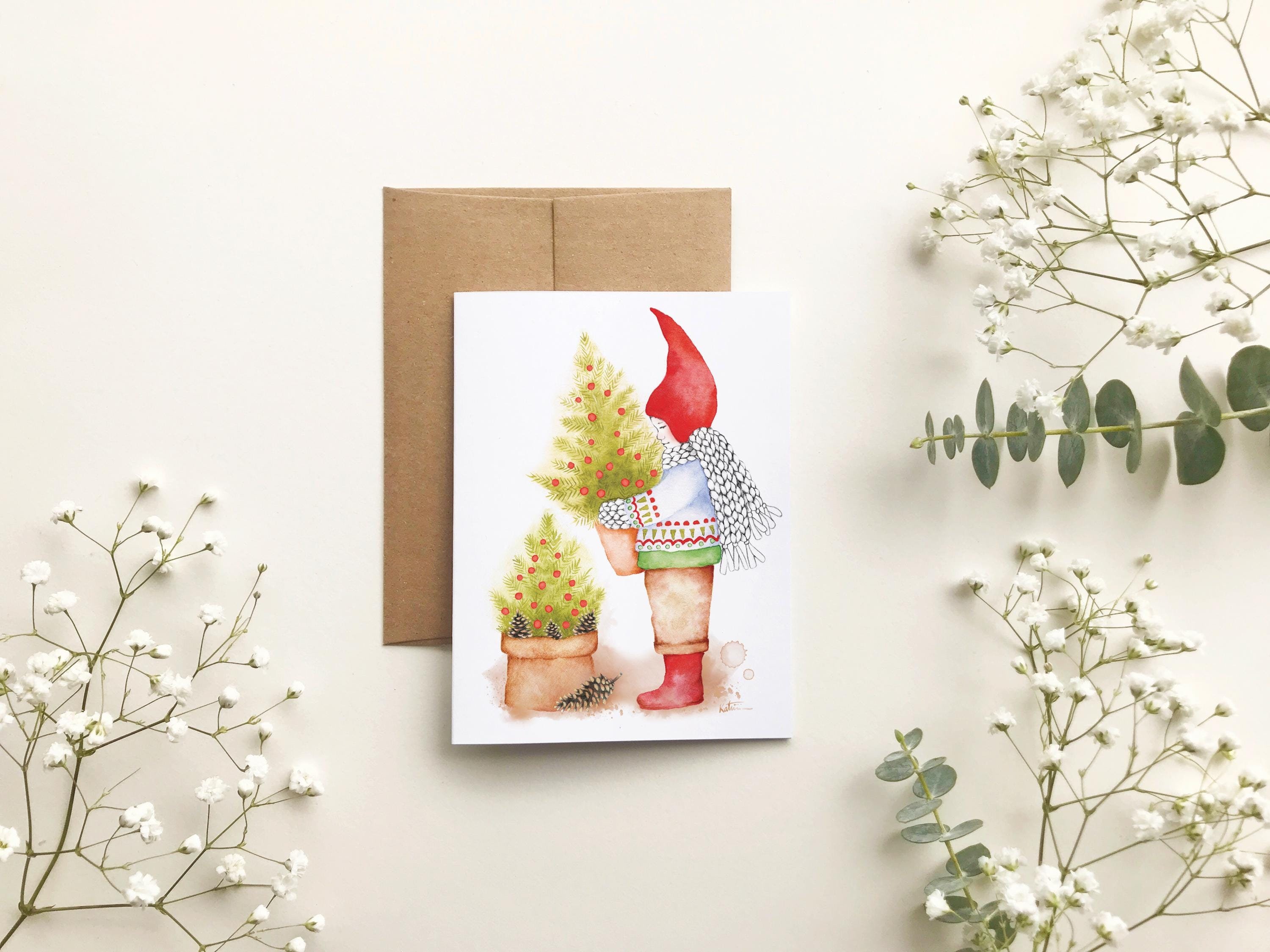 Christmas card elf fir trees, children's Christmas tree greeting card, Scandinavian Christmas, happy holidays, winter watercolor, Katrinn Pelletier