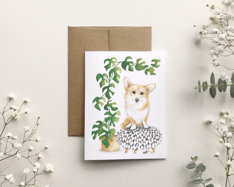 Carte de souhait chien Corgi, carte de voeux portrait animal, illustration dessin art botanique, plante d'intérieur, Katrinn Pelletier image 1