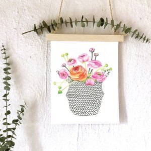 Illustration basket flowers ranunculus / Poster 8 x 10 and 5 x 7 inches bouquet of flowers / watercolor drawing Boho style / Katrinn Pelletier
