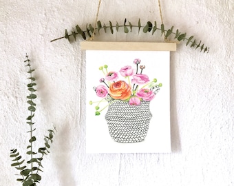 Illustration basket flowers ranunculus / Poster 8 x 10 and 5 x 7 inches bouquet of flowers / watercolor drawing Boho style / Katrinn Pelletier