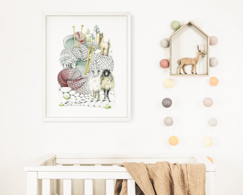 Wool and animal mountain poster, goat alpaca sheep illustration, comforting drawing wall art, nature lover, Katrinn Pelletier image 4