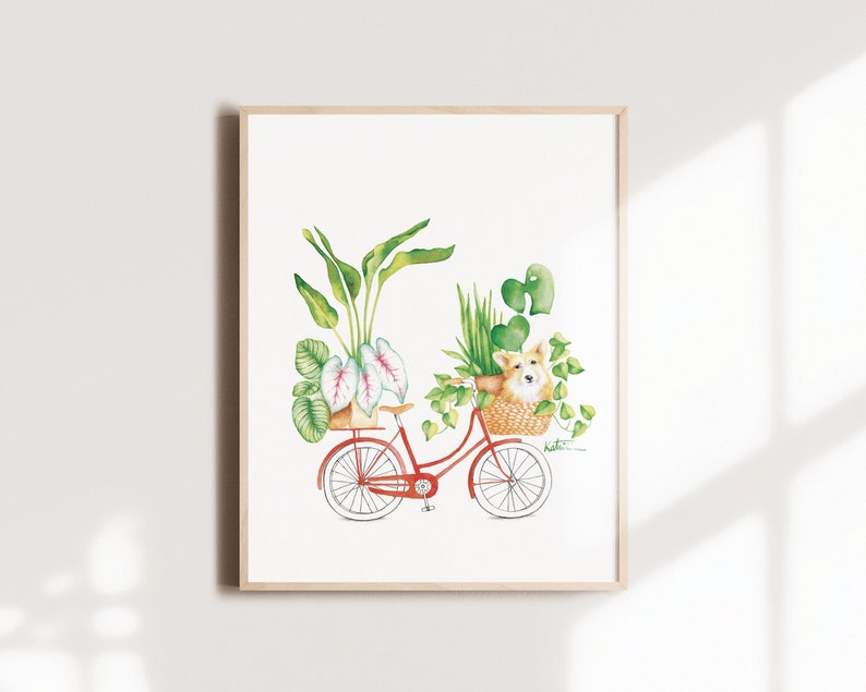 Affiche vélo plantes d'intérieur et chien, illustration petit Corgi , animal, art aquarelle, dessin, décoration murale, Katrinn Pelletier image 1