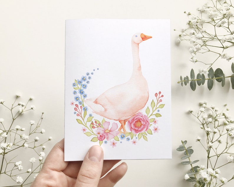 Carte de souhait oie blanche, carte de voeux fleurs, portrait animaux art aquarelle, anniversaire enfant, Katrinn Pelletier image 2