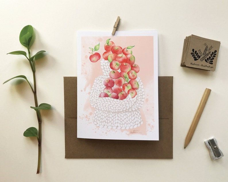 Carte de voeux chandail laine pommes | carte de souhait tricot automne fruit | fêtes anniversaire | Dessin aquarelle | Katrinn pelletier image 1