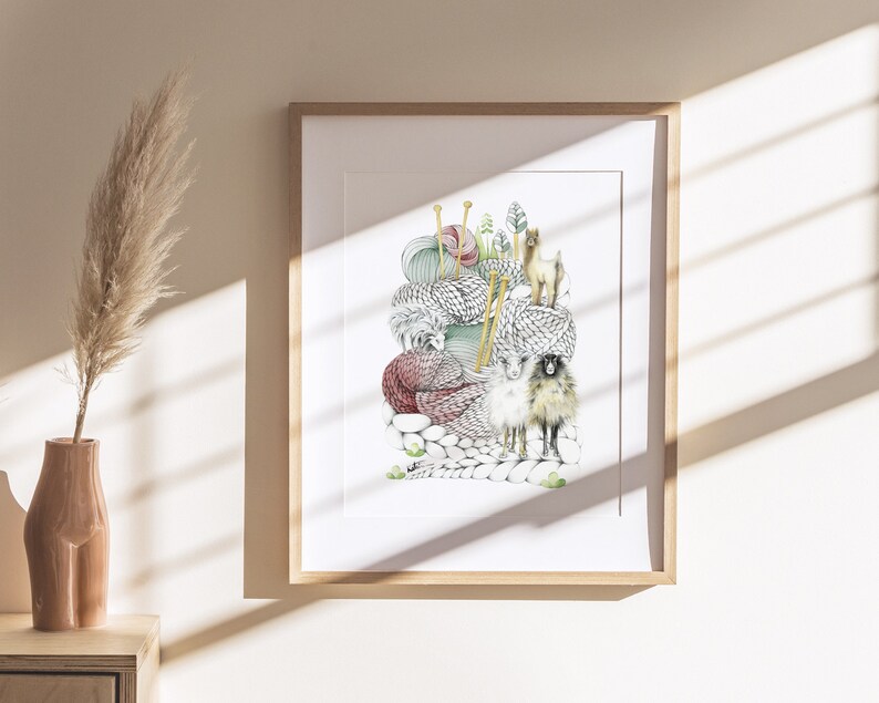 Wool and animal mountain poster, goat alpaca sheep illustration, comforting drawing wall art, nature lover, Katrinn Pelletier image 5