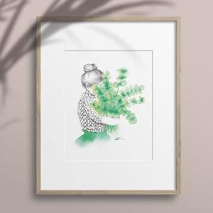 Affiche fille bouquet d'eucalyptus, illustration aquarelle tricot laine , art dessin , cadeau , décoration murale, Katrinn Pelletier image 6