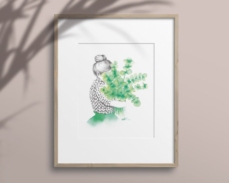 Affiche fille bouquet d'eucalyptus, illustration aquarelle tricot laine , art dessin , cadeau , décoration murale, Katrinn Pelletier image 6