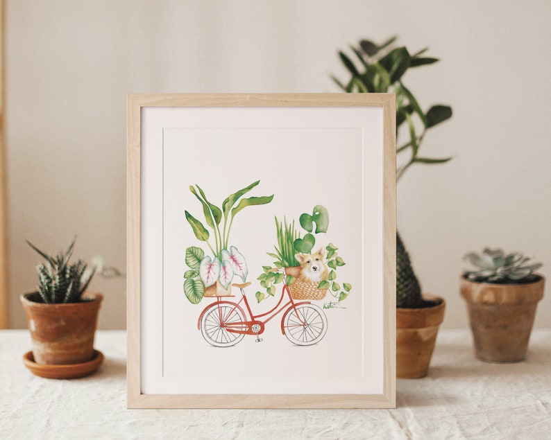 Affiche vélo plantes d'intérieur et chien, illustration petit Corgi , animal, art aquarelle, dessin, décoration murale, Katrinn Pelletier image 4