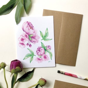 Carte de voeux, fleurs cerisier et pivoine, illustration botanique, art aquarelle, fête des mère, cadeau grand-maman,  Katrinn Pelletier