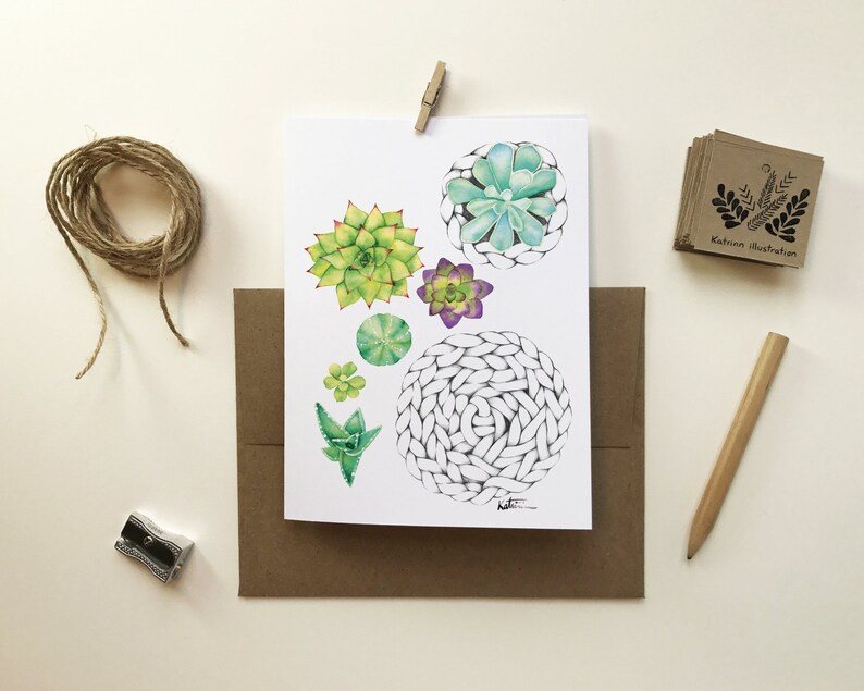 Carte de voeux minis plantes succulentes / Carte de souhait dessin plante / Illustration plante et macramé / Aquarelle / Katrinn Pelletier zdjęcie 4