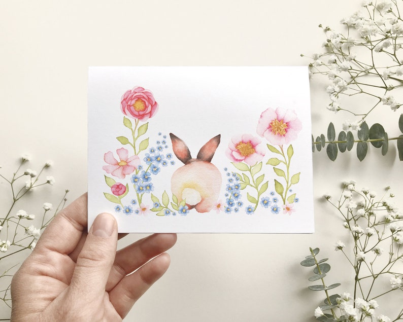 Carte de souhait lapin de dos, carte de voeux jardin de fleurs, sans texte, portrait animaux aquarelle, anniversaire, Katrinn Pelletier zdjęcie 2