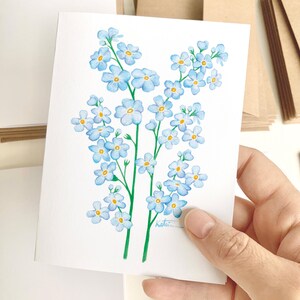 Carte fleurs de myosotis, Illustration aquarelle “forget-me-not”, carte florale douce et poétique, carte sans message, Katrinn Pelletier