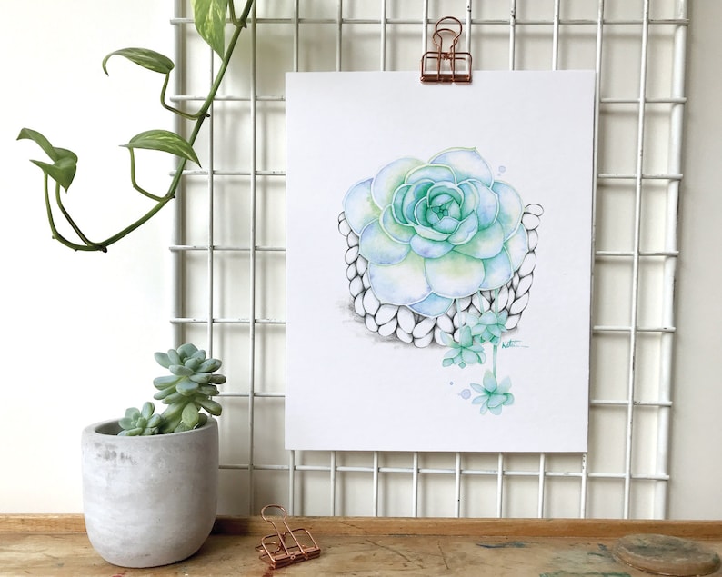 Watercolor illustration succulent plant / Poster Boho macramé plant / Art and Botanical collection / Drawing by Katrinn Pelletier image 1