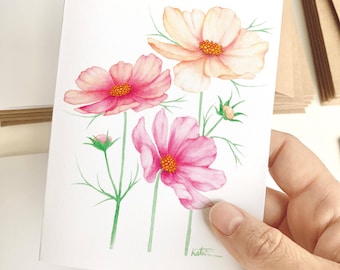 Cosmos flower greeting card, Pastel floral illustration, Watercolor flower illustration, Poetic card without text, Katrinn Pelletier