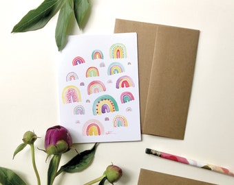 Rainbow wish card, watercolor pencil illustration, happy birthday, greeting card / Card without text / Katrinn illustration